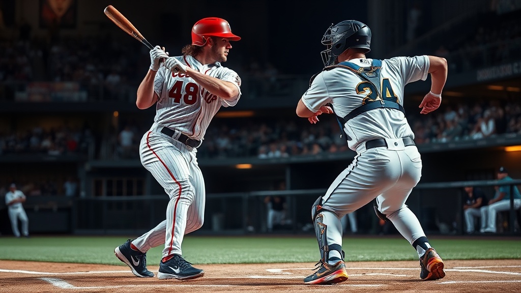 홈플레이트 영역에서 타자와 포수의 위치를 보여주는 야구 경기 장면