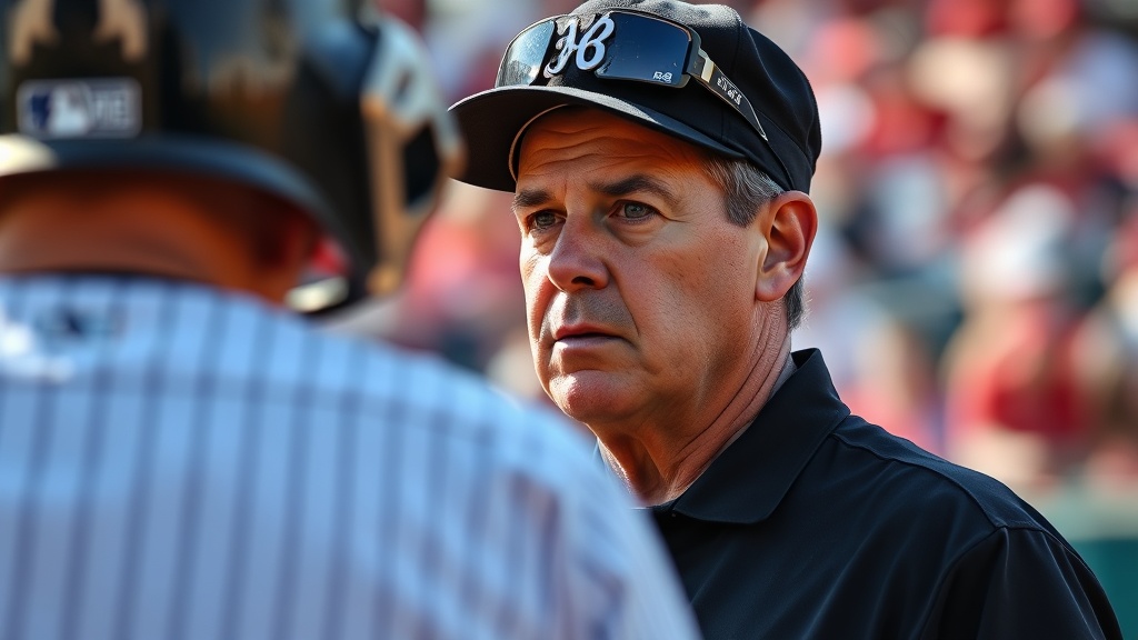 구심이 포수 뒤에 위치하여 투구를 지켜보는 경기 장면